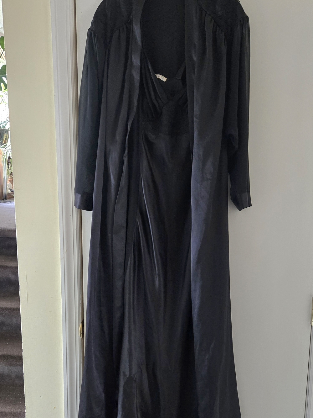 Elegant Black Satin Long Gown and Robe Set